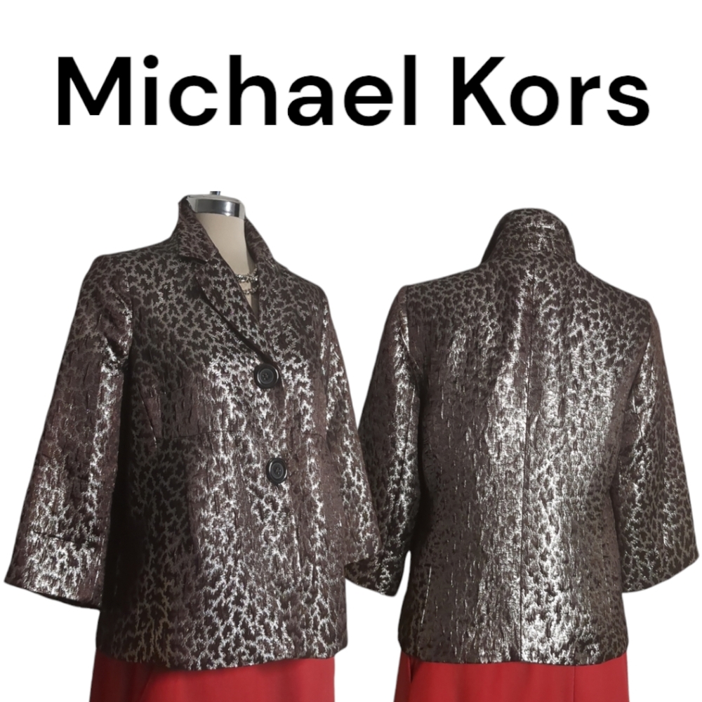 Michael Kors  Luxury Leopard Silver Sparkle and Brown Print 3/4 Sleeves Size 10